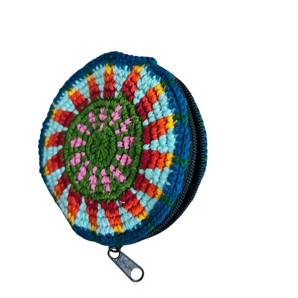 Hand Crafted Crocheted Colorful Round Sunburst Design Zipper Change Pouch Purse - Picture 8 of 9